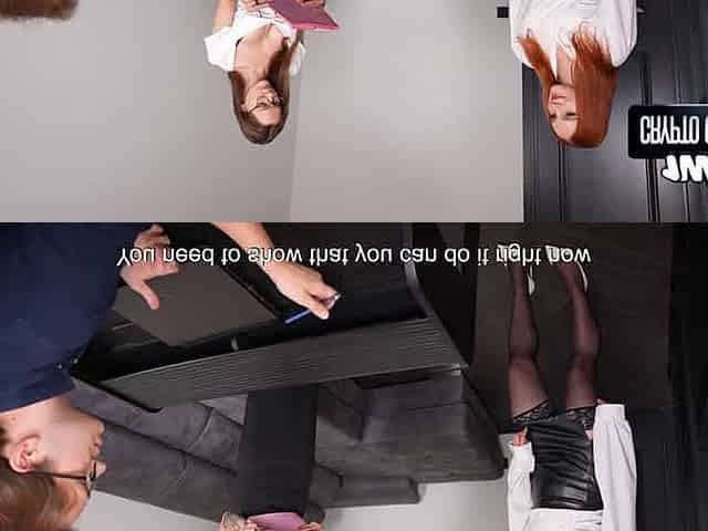 Redhead secretary testizes manager's xxx oral job during interview - legitimate insane casting!
