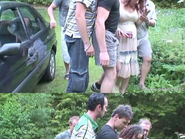 Outdoor group sex on the grass with four dudes and a pregnant whore