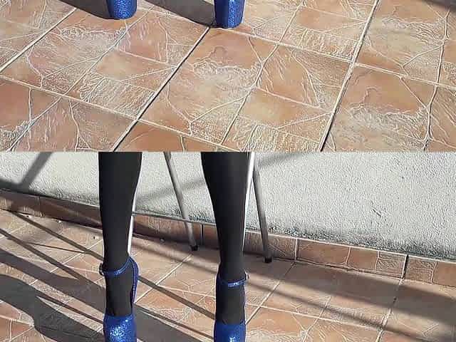 Denim shorts, ebony tights and marvelous 8 inch heels