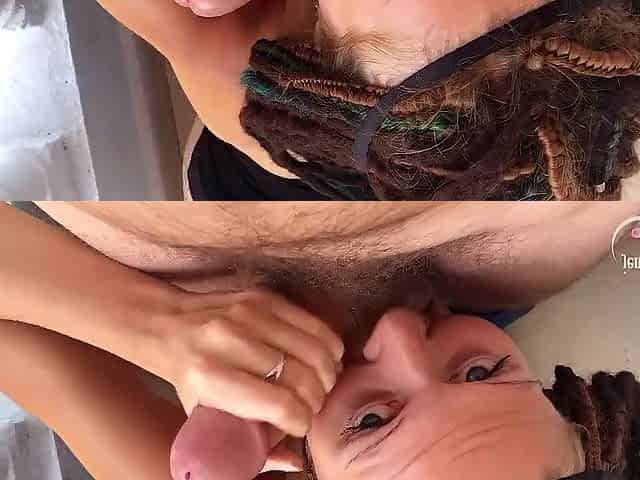 Tattooed angel gets large knob from butt to throat on the balcony