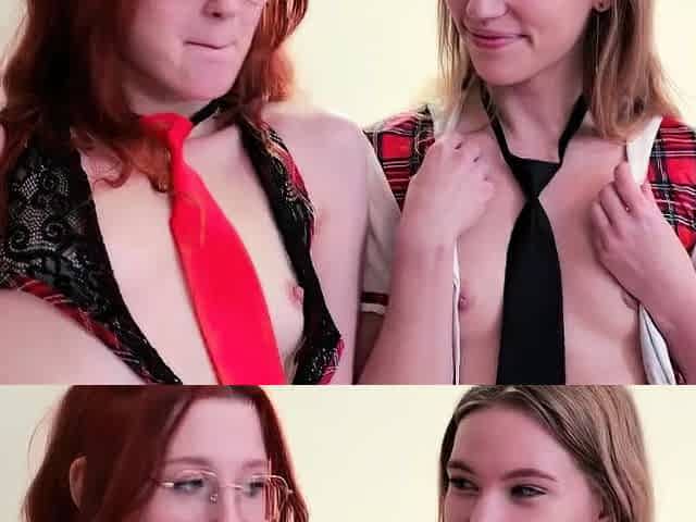 Teen Schoolgirls Share StepBrother for Blowjob &
