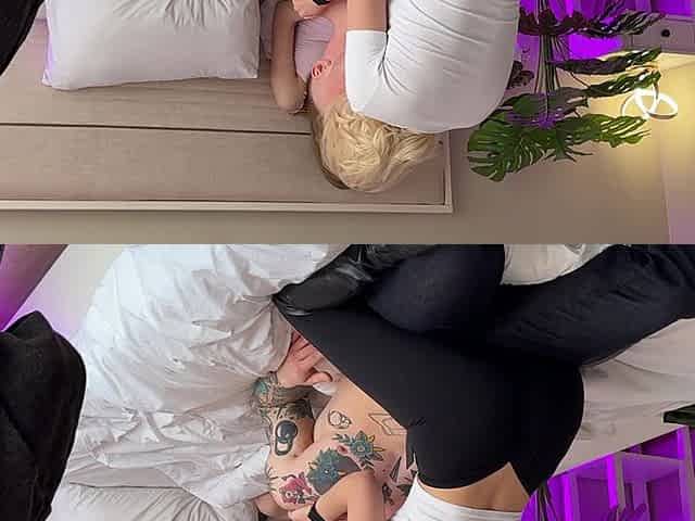 Bakstage Blonde Licks Pussy While Being Fucked by Tattooed Lover
