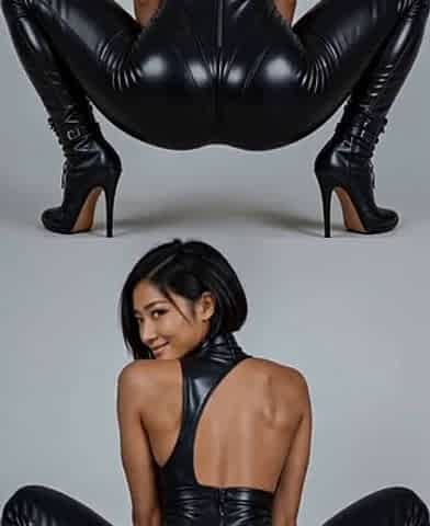 Hot AI Generated Asian Stripper in Sexy Shiny Black Latex Outfit and Stiletto Heeled Boots