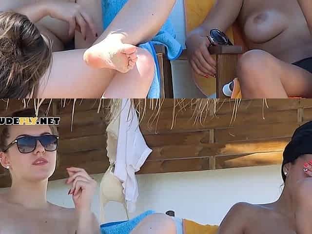 Young nudist showing her perfect natural juggs