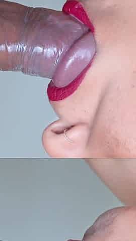 Closeup- Desi Bhabhi Condom Blowjob! Cum in Condom with Red Lipstic