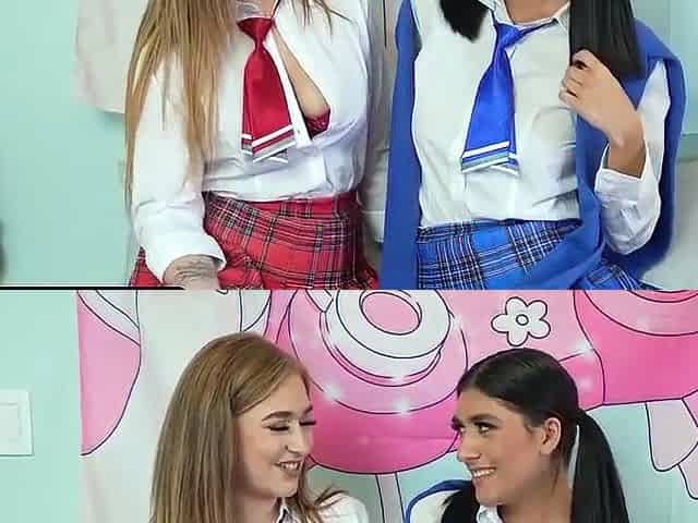 Young brunette with small jugs shares her friend
