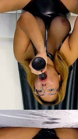 Huge Dildo Sucking and Fucking in Overknee Boots and Latex Outfit Till Squirting