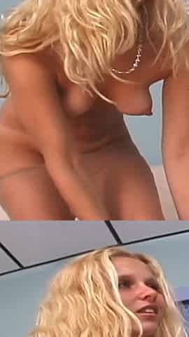 Blonde Freak Pulls Her Hose Tight to Show Her Hairy Snatch
