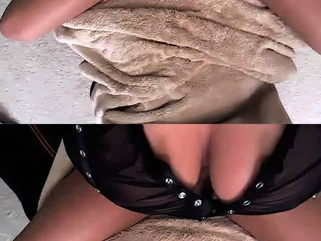 Sexy brunette babe with big cock jerking in solo