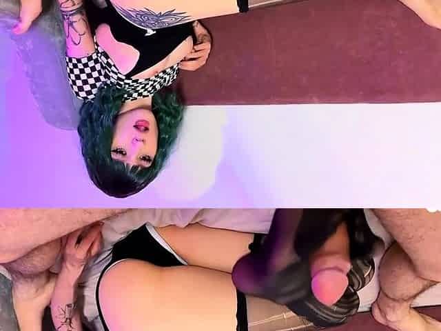 Green Hair Girl Gives Sloppy Blowjob and Footjob