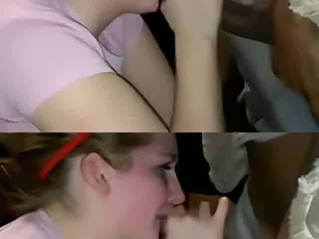 Blonde girl sucking two BBCs in dorm