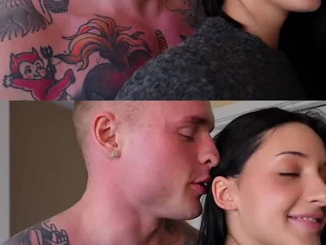 Sweet Brunette Under Rough Control of Her Boyfriend and His Stepdad with Double Penetration
