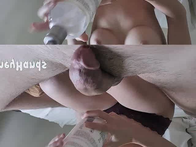 This chab cums on my melons after a Fleshlight bang tugjob