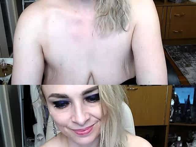 A super sexy blonde with big boobs and masturbating with a v