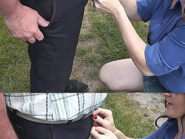 Chap urinates woman holds hands his dong close-up. DuBarry intimate collection
