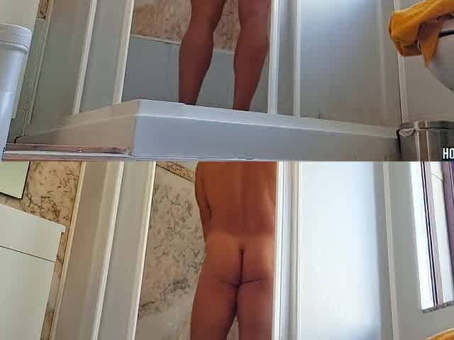 Touching and humping my large ramrod in the shower and cumming riskily in the honeys's washroom