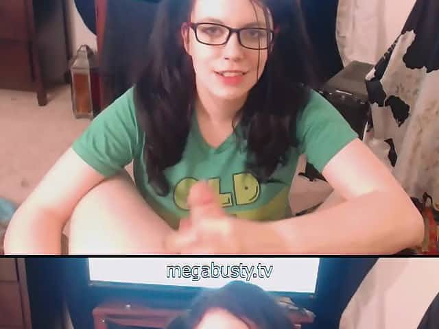 pigtailed brunette babysitter in eyeglasses gives POV titjob with her giant melons