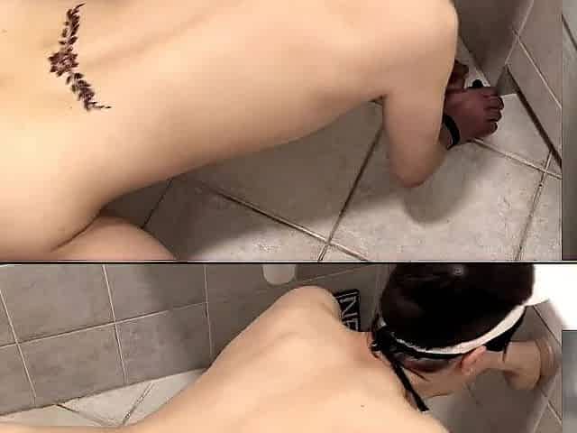 Youthful CD sissy femboy gets spitroasted by 2 large weenies