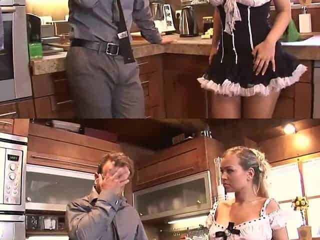A voluptuous golden-haired maid is lured in the kitchen and engaged in booty-plug.