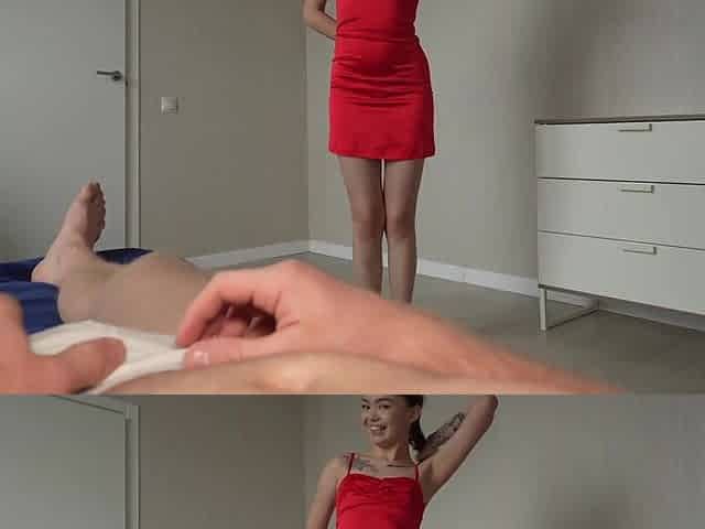 Skinny brunette with tattoos helps her stepbrother to release the tension by sucking and riding his cock