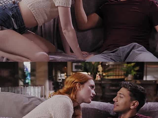 Redhead Scarlet Skies seduces her partner in shorts, showcasing her petite frame.