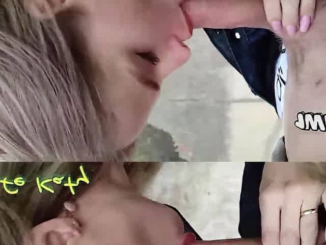 Hot blond sucks big man meat in public, gets creampied - promiscuous fun!