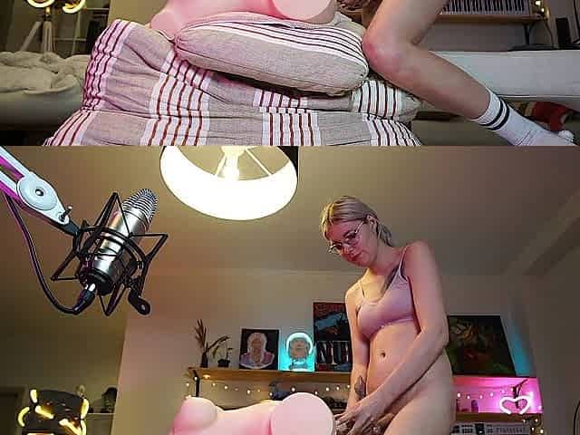 Golden-haired sissy screws a sex doll on the broadcast