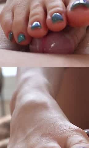 Fur Coat Footjob & Cowgirl Ride - Huge Cum Blast on Green Glitter Long Toenails