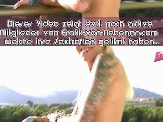 Golden-haired German tattooed whore blows shlong on balcony