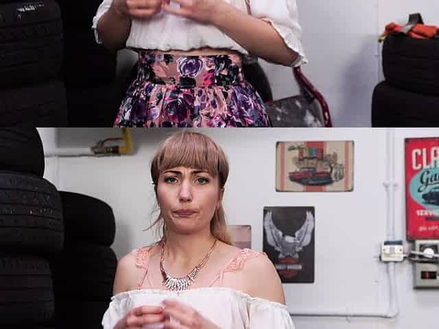 Small titted brunette Sharron with glasses masturbates