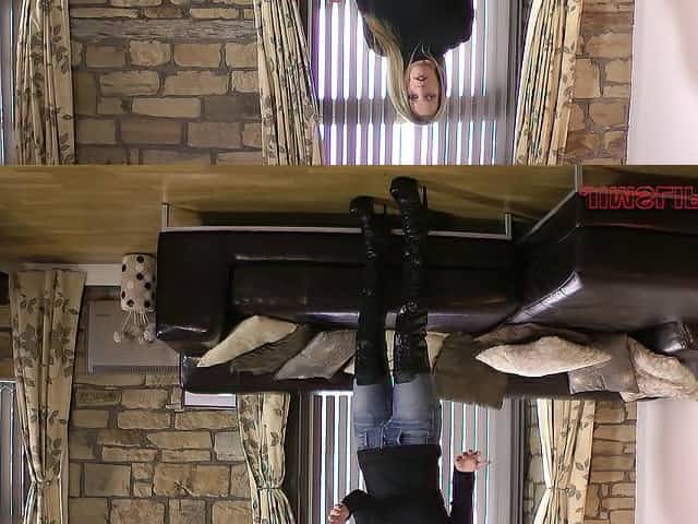 Turtleneck and latex boots on a English cocksucker