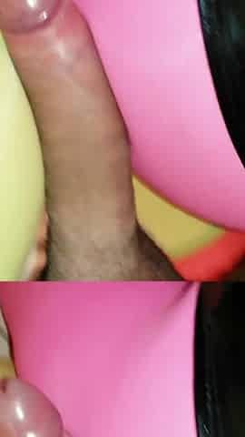 Threesome encasement pink nylon and yellow pantyhose