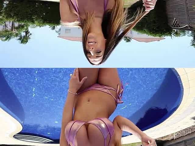 Sexy Stacey Naked By The Pool Outdoors - Brunette solo striptease in bikini