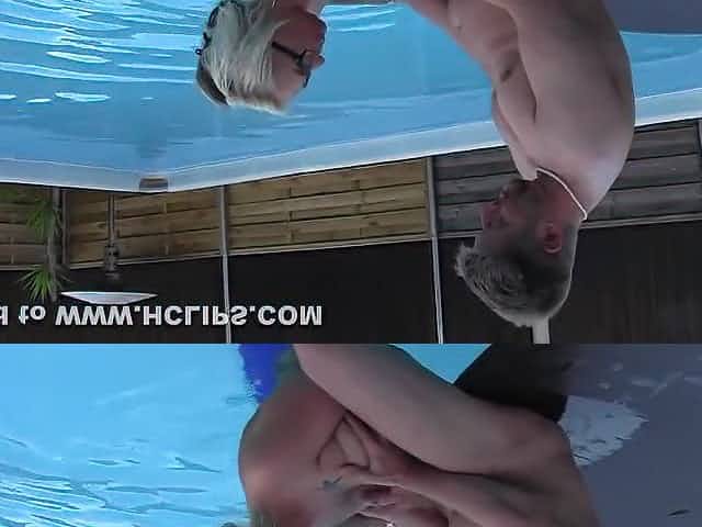 Curvy milf amateur with glasses fucks guy at pool party