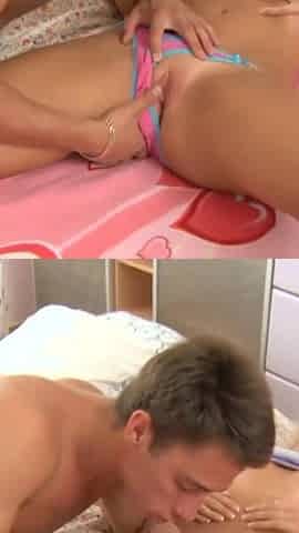 Sexy blonde teen is getting fucked on the bed in her both holes