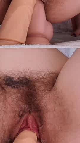 Double Dildo My Pussy and Stretching with Monster