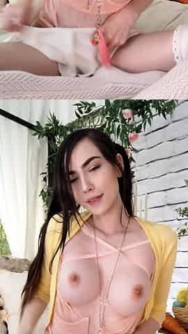 Busty curly brunette with big boobs fucks on couch