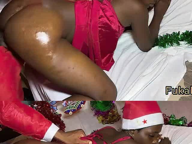 Large shlong Santa Claus gave Black slutty teen surprise visit for creampie gift