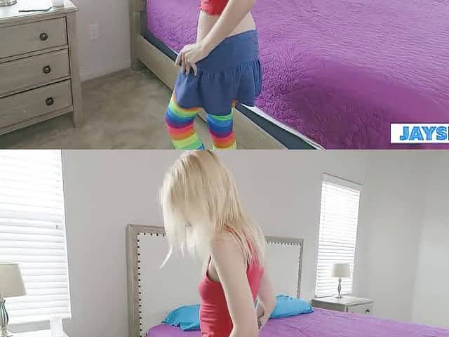 Petite teen in rainbow socks enjoys giving head and receiving cock