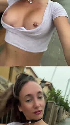 Rainy day Exhibition: collared, topless, and pierced in public