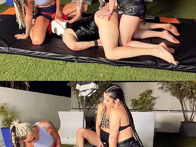 Pegging Trainbang - Triple Pegging Foursome Mars Solo, Huntress Lynx, & Goddess Andi Practice Wrestling Moves on Cowboy Strapon