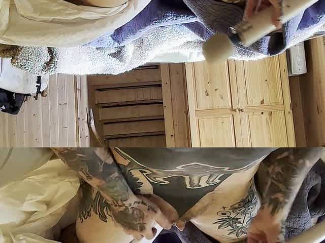 FTM-Tattooed Muscle Hottie Early Morning Jerkoff, Butch, Large Love button, Hitachi, Obese Cunt