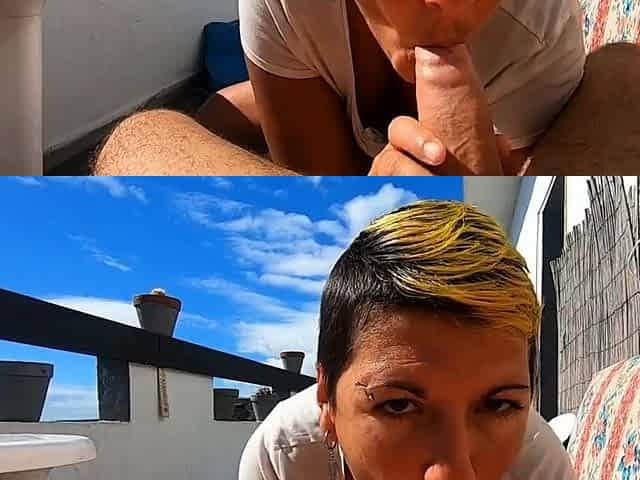 Amateur Blowjob and Cumshot on the Terrace