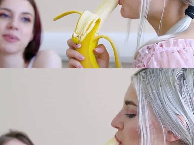 Pigtailed Brunette Lesbian Licks Hot Blonde