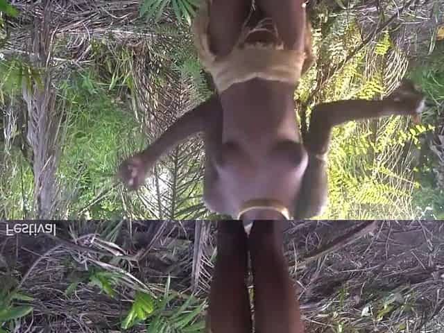 Ideal body darksome skin Afro village beauty dancing in Raffia half in nature's garb outdoor