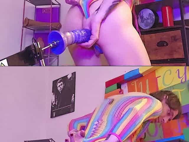 Screwing my booty in my cute rainbow outfit