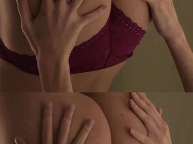 Skinny blonde Italian MILF strips naked