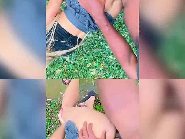 A street whore in blue skirt but with no lingerie needs money so she goes to the park with a tricky horney driver whose balls a