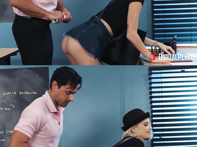 A teen in a short mini skirt bent over the teacher's desk for a doggystyle