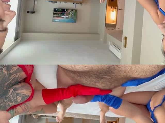 Misty Addams & Summer Raez Give Red, White Cum, & Blue Gloved Tugjob